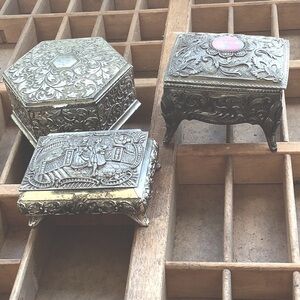 Antique Vintage Bundle Lot 3 Silver Cast Metal Jewelry Trinket Boxes